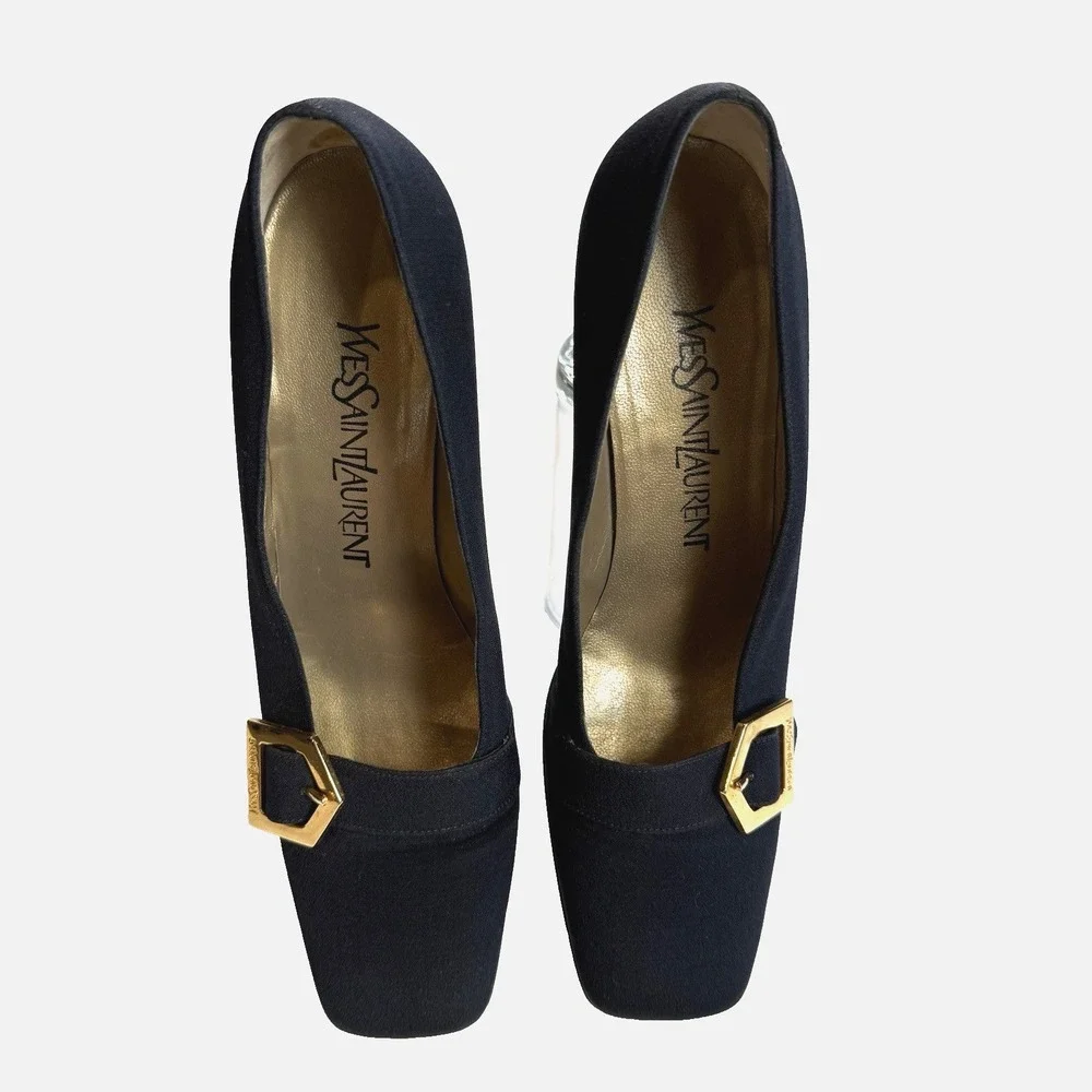 Vtg Yves Saint Laurent Buckle Pump Block Heel Women US 7 N EU 37 Navy Blue Gold - Picture 3 of 12